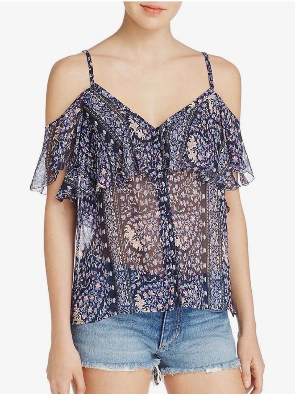 100% Silk Paige Floral Cold-Shoulder Top